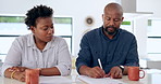 Black couple, writing and documents with lawyer in agreement, application or signing legal paperwork at home. African man and woman filing divorce, shares or mortgage assets with attorney at house