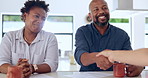 Happy black couple, handshake and partnership with documents, finance or agreement at home. African man and woman shaking hands with financial advisor or lawyer for legal approval or meeting at house