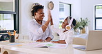 Home, high five and mother with black girl, education and laptop with progress, distance learning and knowledge. Celebration, family and mama with kid, childhood development and hand gesture with joy