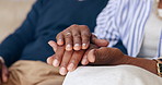 Love, senior couple and holding hands for trust, emotional healing or support partner for empathy at home. Closeup, elderly people or rub hand with touch for care, kindness or gratitude in retirement