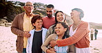 Smile, beach and big family looking together at the view on a summer vacation, holiday or adventure. Happy, bonding and children standing by ocean or sea with parents and grandparents on weekend trip
