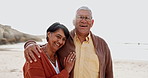 Face, hug and senior couple at a beach with love, support or freedom, vacation or bond. Smile, portrait and happy elderly people embrace at the ocean with support, security or Mexico travel adventure