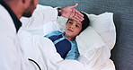 Doctor, boy child and bed with forehead check for temperature, fever and healthcare in family home. Medic, pediatrician and kid in bedroom with hand, consultation and assessment for wellness in house