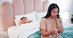 Mother, thermometer and phone call with doctor on bed for healthcare advice, sick child or patient at home. Concerned mom talking on mobile smartphone for Telehealth, communication or FAQ in bedroom