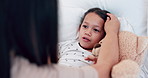 Woman, sick child in bed with comfort for cold or homecare with teddy bear, mother and kid. Illness, fever and young girl in bedroom with mom for healthcare, support and checking temperature in house