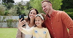 Parents, girl child and selfie in garden, smile and happy in summer sunshine with bonding, care and love. Father, mother and daughter with photography, profile picture and memory on social media app