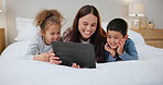 Tablet, mother and children on bed with love, happy or streaming cartoon, show or game at home. Digital, app or mom and kids in bedroom for storytelling, fantasy or ebook for staycation entertainment