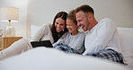 Happy, selfie and family with tablet on bed with funny, silly or goofy face expression at home. Smile, love and young girl child taking picture with parents on digital technology in bedroom at house.