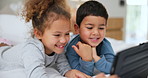 Children, watching and tablet for streaming in home on web, internet or app for entertainment. Siblings, little girl and boy with technology for learning, game and fun in childhood, bond and together