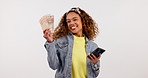 Money, phone and woman or winner wow for finance, success or online savings, profit and cash prize in studio. Excited african person with mobile banking, cashback and fan her face on white background
