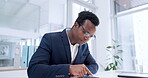 Business, black man and scroll on tablet in office for planning research, trading data and stock market information. Corporate trader review financial news, software and app with digital technology 