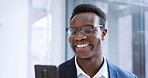 Happy businessman, phone and laughing for funny joke in social media, communication or networking at office. Face of black man or employee smile with mobile smartphone for online texting at workplace