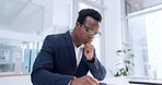 Business, black man and thinking in office with tablet, planning research and information for stock market trading. Serious corporate trader review financial news, software and digital ideas on app 