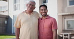 Senior father, son and hug with face, smile and outdoor in backyard at family home with bonding, love and care. Elderly dad, man and happy together on holiday in summer sunshine at house in portrait