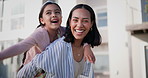 Mom, girl kid and piggy back in garden, outdoor or backyard at family home with talking, smile and playing. Happy woman, mother and daughter with games, conversation and bonding with love in summer