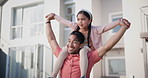 Dad, child and outdoor for plane, shoulders and backyard garden at family home with talking, smile and playing. Happy man, father and daughter with games, piggy back and bonding with love in summer