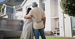 Couple, hug outdoor and new home, real estate or property, investment with homeowners in neighborhood. Back of senior people in backyard, planning retirement and ideas for moving into dream house