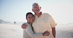 Elderly man, woman and face on beach hug for ocean happiness, tropical vacation or sea travel. Male person, wife and smile for holiday adventure or outdoor for sunshine trip, embrace joy for peace