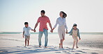 Family, parents and children on beach with holding hands for walking, relax and bonding on holiday. Travel, man and woman with kids by ocean or sea for vacation, adventure or experience with talking