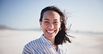 Summer, holiday and face of happy woman on beach, vacation and relax in nature. Laughing, person and portrait with smile from travel, freedom and wellness in Brazil sunshine, outdoor and blue sky