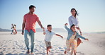 Parents, kids and holding hands for walk, beach or happy with running race on sand in summer. Father, mother and children for care, love and bonding with freedom, smile or play by ocean, waves or sea