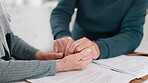 Holding hands, stress and finance with a senior couple closeup in their home for accounting or budget. Insurance, tax or debt with an elderly man and woman reading information for pension or will