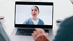 Video call, laptop and doctor with senior couple for healthcare support, virtual advice and telehealth service. Medical woman or nurse talking to elderly patient on computer screen for home questions