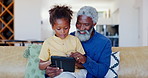 Happy grandfather, children tablet on sofa for video games, elearning and reading ebook at home. Senior man, young kid and black family streaming cartoon, digital multimedia and gaming subscription