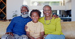 Child, grandparents and face in home for love connection, happy bonding or retirement rest. Young girl, black family and smile for relax together or care support for youth development, sofa for joy