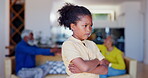 Family, fight or grandparents argue with children, stress or divorce with fighting on living room. Marriage, crisis or angry grandmother with grandpa on couch in conflict, argument or trouble by kid