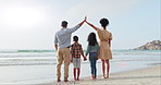 Roof, cover or hands of family at a beach for real estate security, kids or travel safety for love or peace. Back, loan or mom with dad, high five or children for property insurance or protection