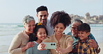 Big family selfie, grandparents or happy kids in beach, sea or ocean on holiday vacation together. Mom, dad or children taking pictures to relax for love or online photo with grandma or grandfather