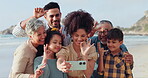 Big family selfie, peace or happy kids in beach, sea or ocean on holiday vacation together. Mom, dad or children taking pictures to relax for love in a fun photo memory with grandma or grandfather