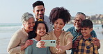 Happy family selfie, grandparents or children in beach, sea or ocean on holiday vacation together. Mom, dad or kids taking pictures to relax for love in a fun photo memory with grandma or grandfather