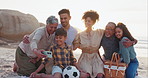 Phone selfie, happy family and beach picnic with love, care and support in nature together. Sunset, profile picture and kids with parents, grandparents and care at the ocean for sunset travel or trip