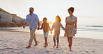 Parents, holding hands or kids walking in beach or ocean on holiday vacation as a happy family.  Mother, father or children siblings bonding to relax in seaside for love, care or trust in Mexico