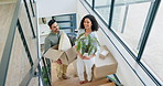 Couple, new house and boxes for moving, planning interior design and talking of ideas on stairs, property or real estate. Happy interracial people with cardboard, plants or vision of their home above