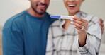 Couple, hands and pregnancy test for positive result, smile and happiness for baby, fertility and love. People, pregnant and celebrate for future, maternity and support at home, embrace and bonding