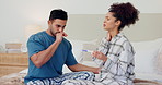 Couple, hands and stress for pregnancy test result, anxiety and worry for infertility, healthcare and mistake. People, frustration and issue in bedroom, fail and depression or nervous for future