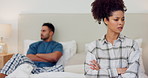 Woman, couple and thinking in bedroom of conflict, fight and mistake of emotional drama at home. Crisis, divorce and frustrated lady ignore angry partner for cheating, marriage affair and betrayal 