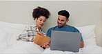 Couple, tablet and laptop with talking in bed for bonding, conversation and typing or laugh on internet. Man, woman and technology with happy in bedroom of home for communication, relax or web search