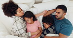 Family, sleeping and relaxing in bed, tired and bonding at home, exhausted and calm or dreaming. Parents and children, connection and security in relationship, fatigue and care or resting in bedroom
