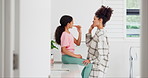 Mother, child and brushing teeth in bathroom for dental cleaning, morning routine or learning healthy oral habits. Mom, girl and kid with toothbrush for hygiene, fresh breath and care of gums at home