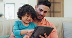 Father, child and tablet for home education, e learning and online games on sofa in support, typing and teaching. Happy family and kid on digital technology for internet, streaming or school website