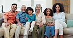 Home, portrait and family on a couch, smile and grandparents with mother, father and children. People, kids and mama with dad on sofa, cheerful and joyful with happiness, relaxing and care with break