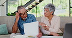 Documents, laptop or old couple discussion on problem, financial crisis or bank mortgage loan, insurance or inflation cost. Tax, online bills or senior people stress over savings, home budget or debt