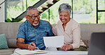 Paperwork, home and senior couple excited for financial accounting results, pension income or bank payment discount. Invoice, old people or smile for credit increase, finance budget or savings profit