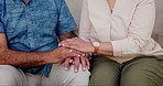 Support, empathy and senior couple holding hands in solidarity, understanding or compassion zoom. Love, kindness and old people in a living room with comfort, gratitude and sympathy in their home