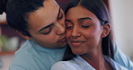 Couple, embrace and kiss on cheek with love or care in marriage, partnership or home. Happy, man and woman hug with kindness, support or trust in interracial relationship together in kitchen or house