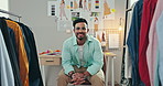 Designer man, face and clothes in workshop, creativity or pride in fashion, manufacturing or production. Person, small business owner and smile for fabric, collection or portrait in textile warehouse